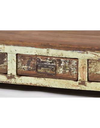 Nízký stolek s šuplíky z antik teakového dřeva, zelená patina, 84x54x20cm