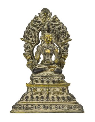 Buddha sedící na trůnu, mosazná soška, antik patina, 14cm