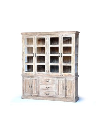 Prosklená skříň z antik teakového dřeva, dvoudílná, bílá patina, 187x45x216cm