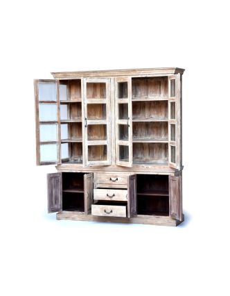 Prosklená skříň z antik teakového dřeva, dvoudílná, bílá patina, 187x45x216cm