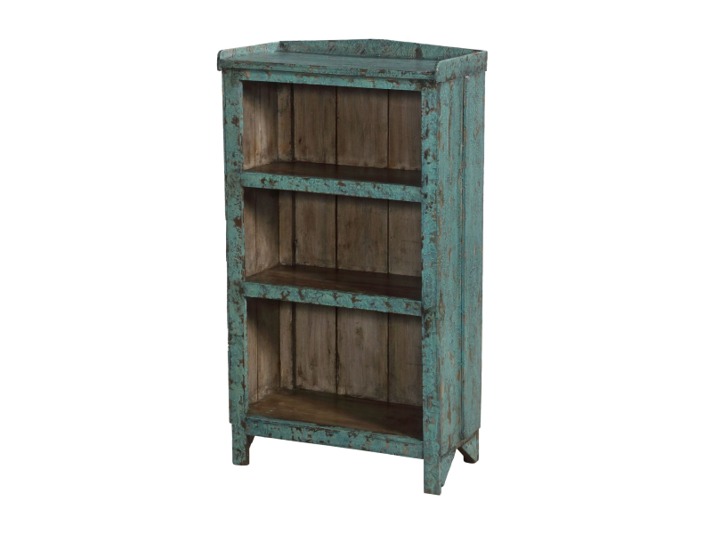 Knihovna z teakového dřeva, tyrkysová patina, 70x38x126cm