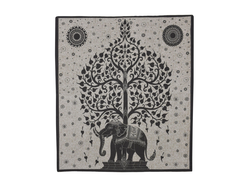 Přehoz s tiskem, Slon a strom života, hnědo-béžový podklad, černý tisk, 210x202
