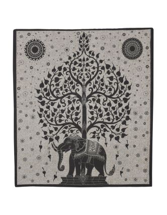 Přehoz s tiskem, Slon a strom života, hnědo-béžový podklad, černý tisk, 210x202
