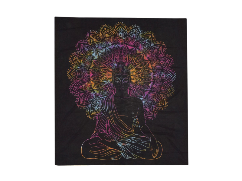 Přehoz na postel, Buddha, batika, černý tisk, 210x200cm