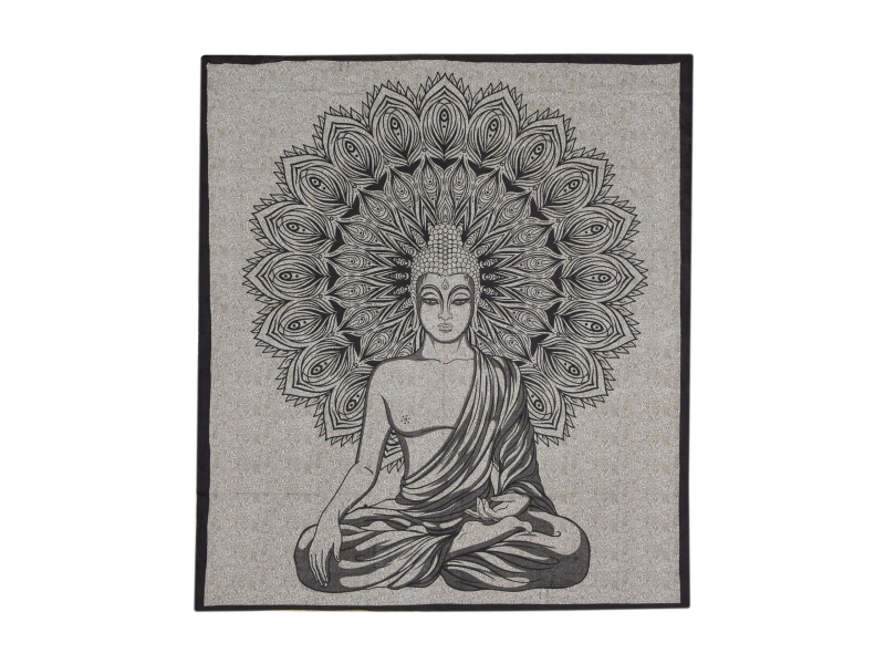 Přehoz s tiskem, Buddha, hnědo-béžový podklad, černý tisk, 210x202cm