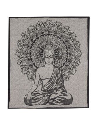 Přehoz s tiskem, Buddha, hnědo-béžový podklad, černý tisk, 210x202cm
