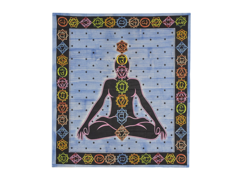 Přehoz na postel, Chakra Yoga, modrý, černý tisk, 210x240cm