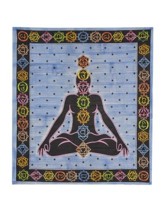 Přehoz na postel, Chakra Yoga, modrý, černý tisk, 210x200cm