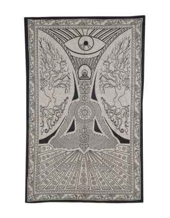 Přehoz s tiskem, Chakra Yoga, hnědo-béžový podklad, černý tisk, 140x202cm