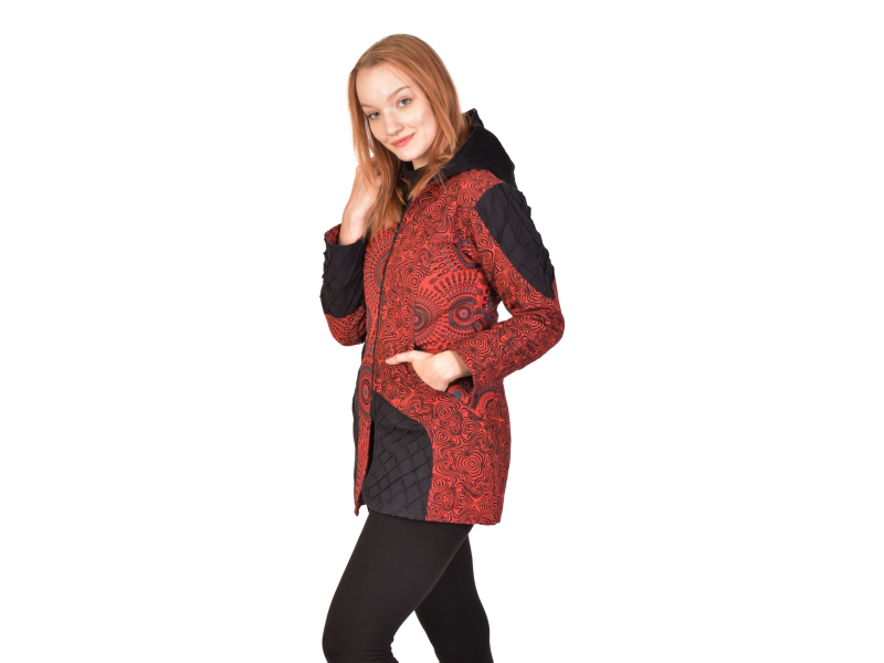 Kabátek s kapucí, červený mandala print, zapínání na zip a kapsy, podšívka