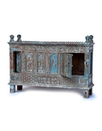 Antik komoda z teakového dřeva, modrá patina, 161x46x114cm