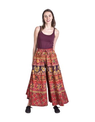 Kalhotová sukně, široké nohavice, červené se slony a pávy