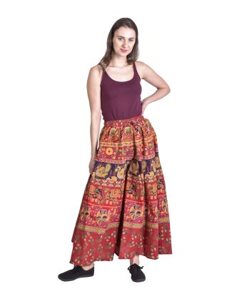 Kalhotová sukně, široké nohavice, červené se slony a pávy