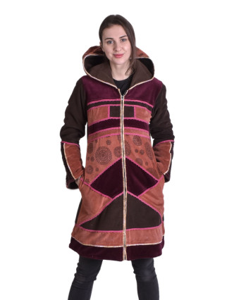 Vínovo-hnědý sametový kabátek s kapucí, patchwork a Chakra tisk