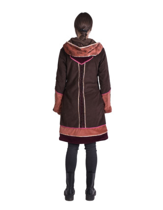 Vínovo-hnědý sametový kabátek s kapucí, patchwork a Chakra tisk