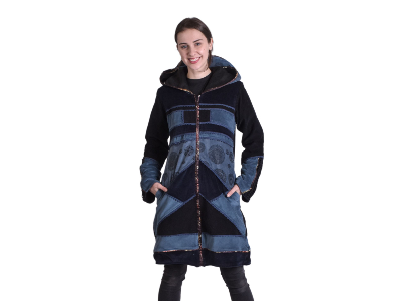Tmavě modrý sametový kabátek s kapucí, patchwork a Chakra tisk