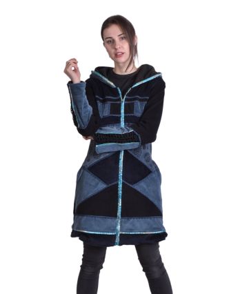Tmavě modrý sametový kabátek s kapucí, patchwork a Chakra tisk