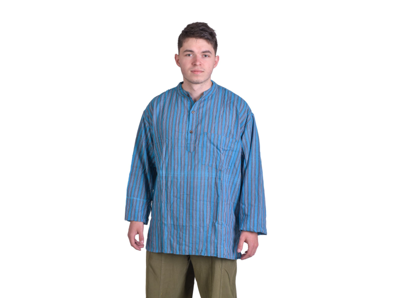 Pruhovaná pánská košile-kurta s dlouhým rukávem a kapsičkou, tyrkysová