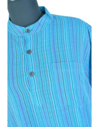 Pruhovaná pánská košile-kurta s dlouhým rukávem a kapsičkou, tyrkysová