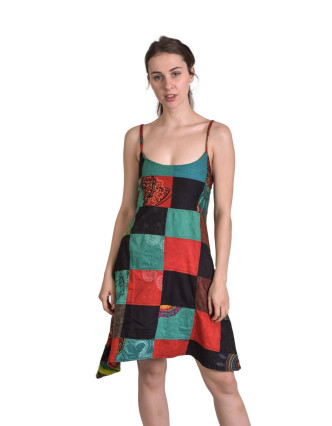 Krátké šaty na ramínka, barevný patchwork, tričkovina