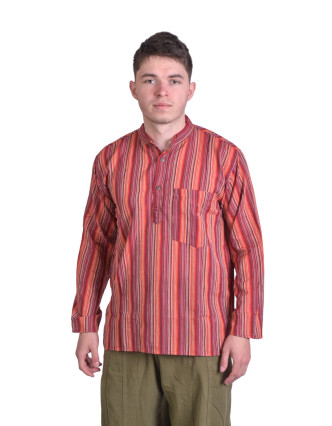 Pruhovaná pánská košile-kurta s dlouhým rukávem a kapsičkou, červená