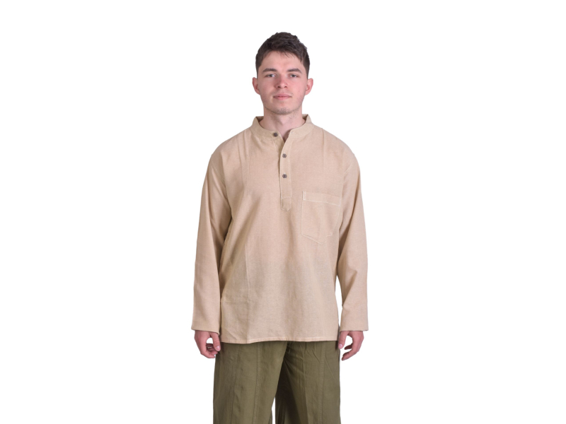 Béžová pánská košile-kurta s dlouhým rukávem a kapsičkou