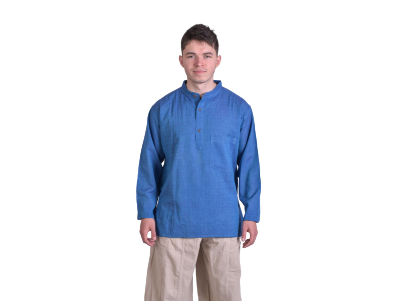 Modrá pánská košile-kurta s dlouhým rukávem a kapsičkou