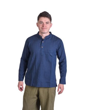 Indigo pánská košile-kurta s dlouhým rukávem a kapsičkou