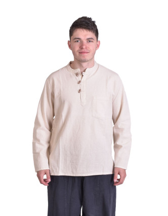 Béžová pánská košile-kurta s dlouhým rukávem a kapsičkou
