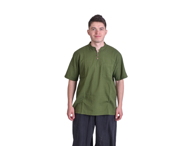 Zelená pánská košile-kurta s krátkým rukávem a kapsičkou