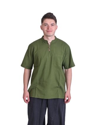 Zelená pánská košile-kurta s krátkým rukávem a kapsičkou