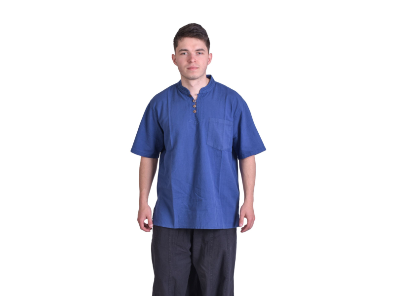 Modrá pánská košile-kurta s krátkým rukávem a kapsičkou