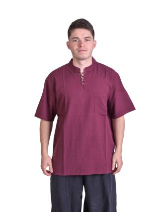 Vínová pánská košile-kurta s krátkým rukávem a kapsičkou
