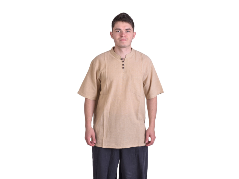 Béžová pánská košile-kurta s krátkým rukávem a kapsičkou