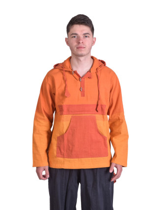Oranžová pánská košile-kurta s dlouhým rukávem, kapsou a kapucí