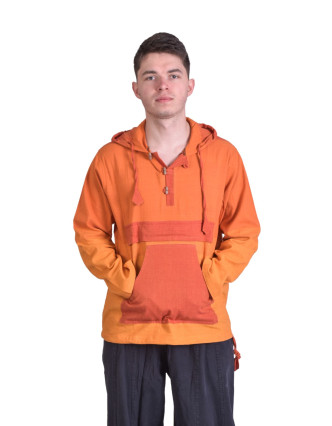 Oranžová pánská košile-kurta s dlouhým rukávem, kapsou a kapucí