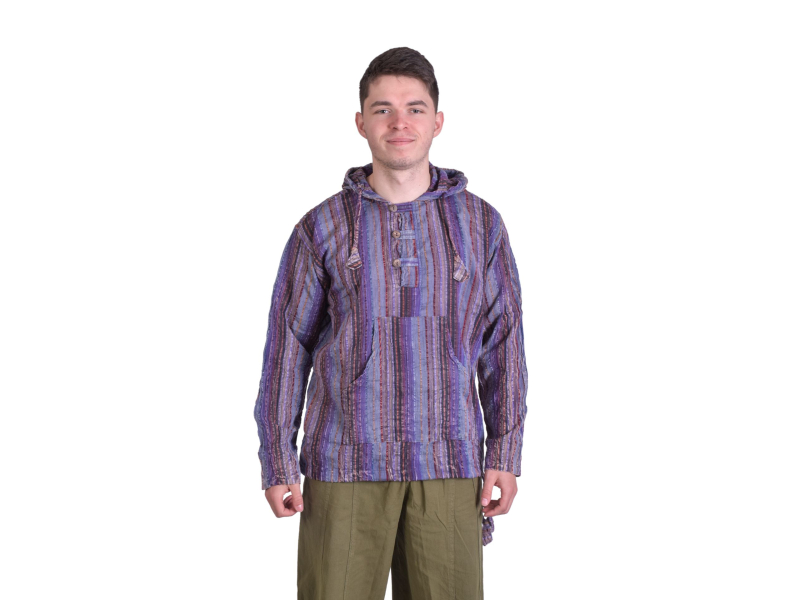 Pruhovaná pánská košile-kurta s dlouhým rukávem a kapucou, fialová