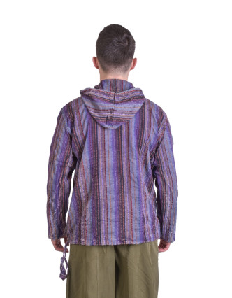 Pruhovaná pánská košile-kurta s dlouhým rukávem a kapucou, fialová