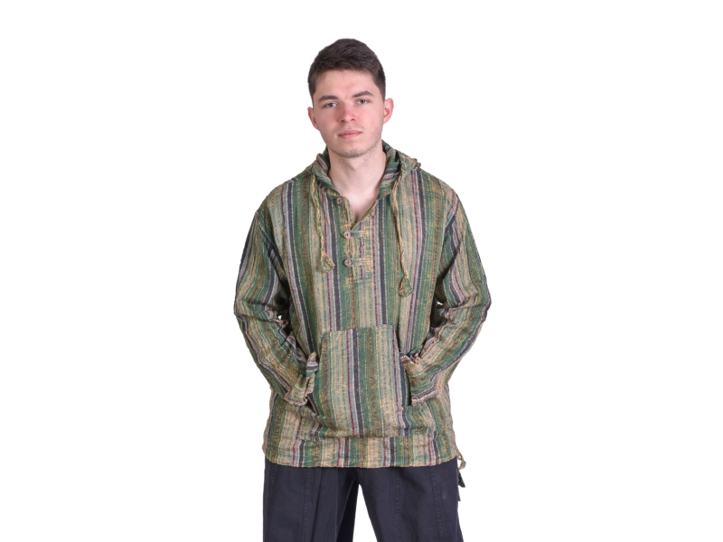 Pruhovaná pánská košile-kurta s dlouhým rukávem a kapucou, zelená