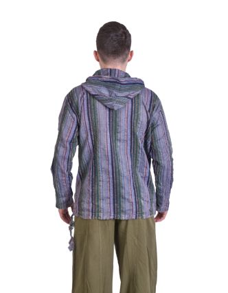 Pruhovaná pánská košile-kurta s dlouhým rukávem a kapucou, zeleno-fialová