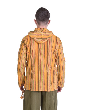 Pruhovaná pánská košile-kurta s dlouhým rukávem a kapucou, žlutá