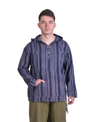 Pruhovaná pánská košile-kurta s dlouhým rukávem a kapucou, modrá