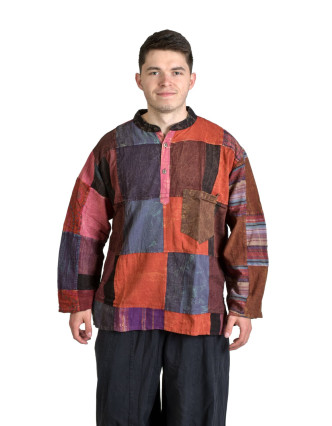 Pánská košile-kurta s dlouhým rukávem, patchwork, kapsa, knoflíky