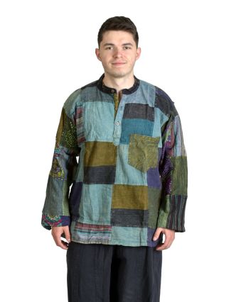 Pánská košile-kurta s dlouhým rukávem, patchwork, kapsa, knoflíky