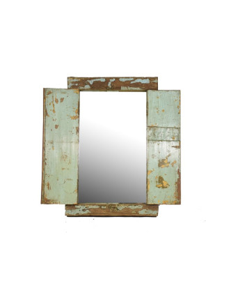 Staré teakové okno se zrcadlem, tyrkysová patina, 58x85x8cm