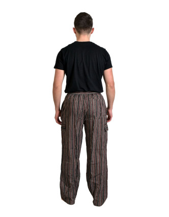 Hnědé pruhované unisex kalhoty s kapsami, elastický pas