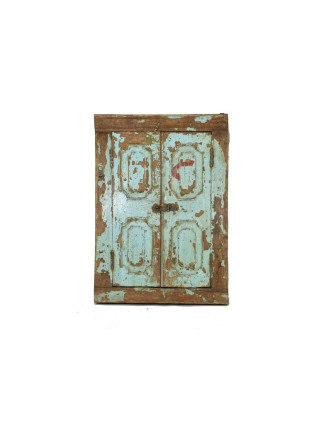 Staré teakové okno se zrcadlem, tyrkysová patina, 56x85x8cm