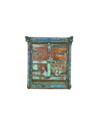 Staré teakové okno se zrcadlem, tyrkysová patina, 51x66x14cm