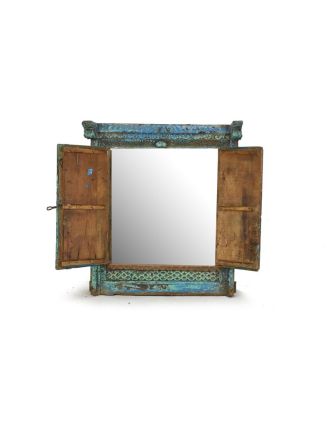 Staré teakové okno se zrcadlem, tyrkysová patina, 51x66x14cm