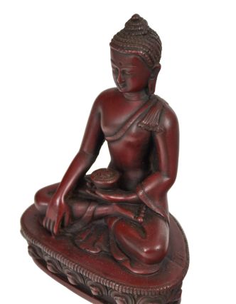 Buddha, sedící na podstavci, červený, jednoduše zdoben, pryskyřice, 15cm